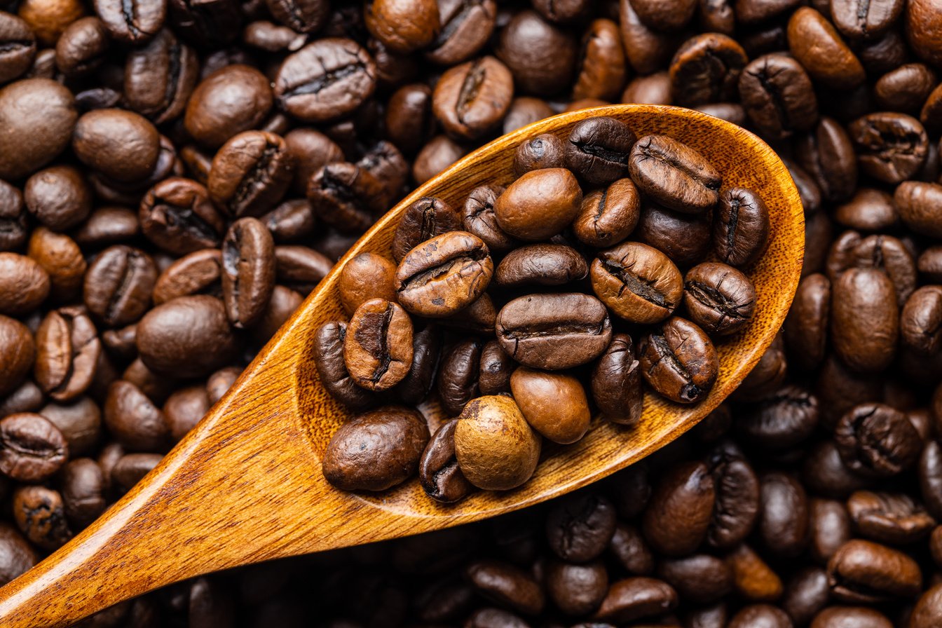 Mixed coffee beans. Arabica and robusta.